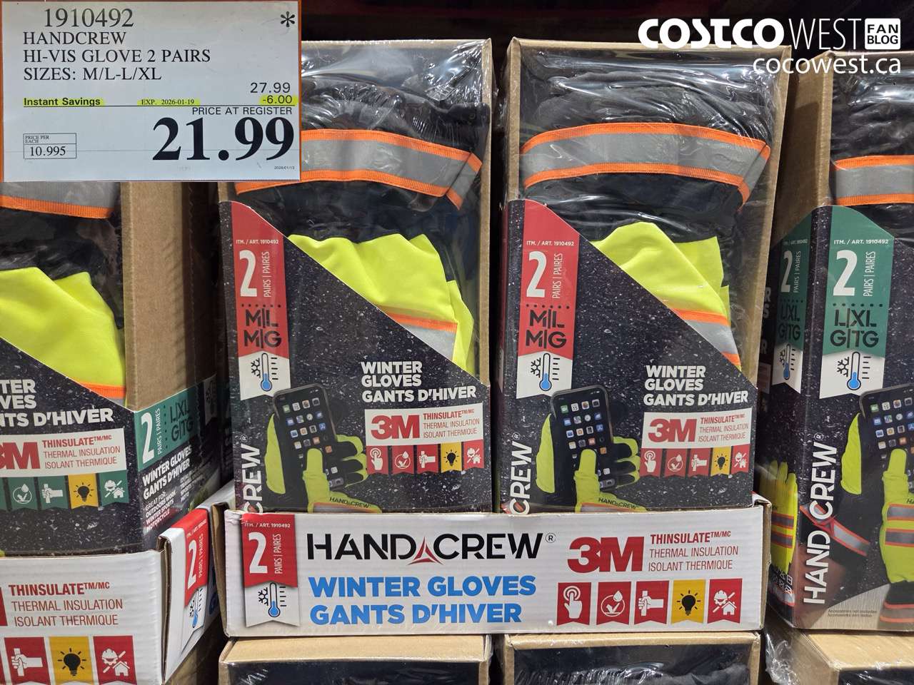 HANDCREW HI-VIS GLOVE 2 PAIRS SIZES M/L-L/XL