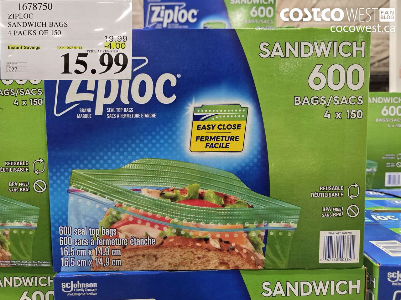 ZIPLOC SANDWICH BAGS 4 X 150