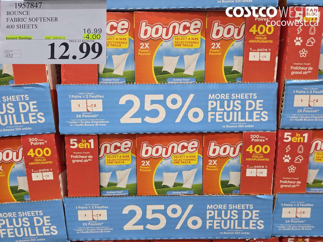 BOUNCE FABRIC SOFTENER 400 SHEETS