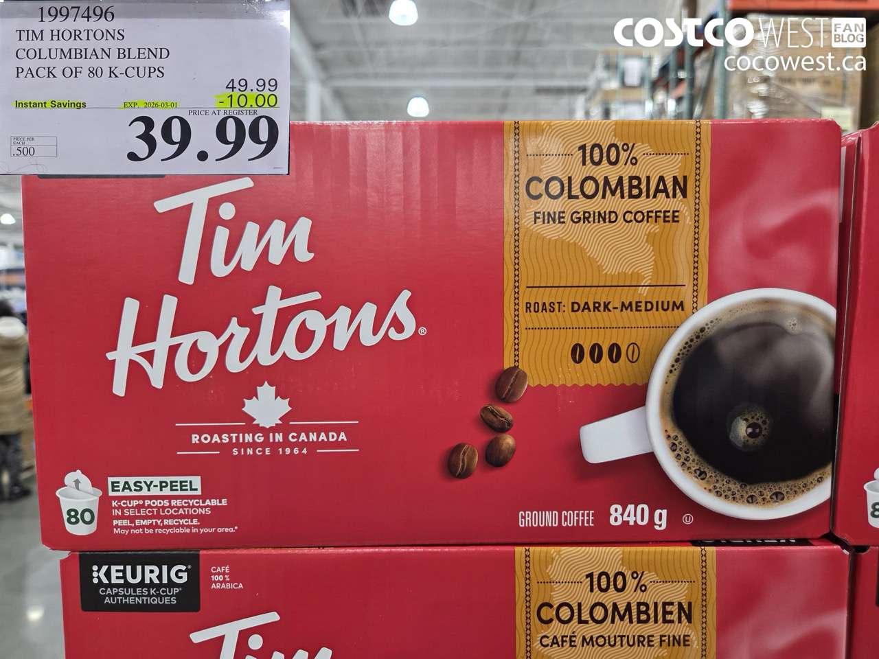 TIM HORTONS COLUMBIAN BLEND PACK OF 80 K-CUPS