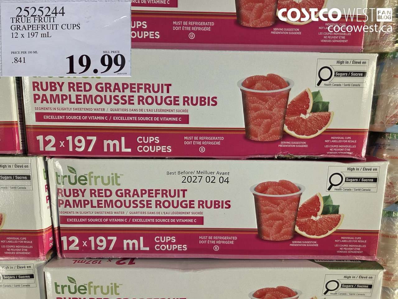 TRUE FRUIT GRAPEFRUIT CUPS 12 X 197ML