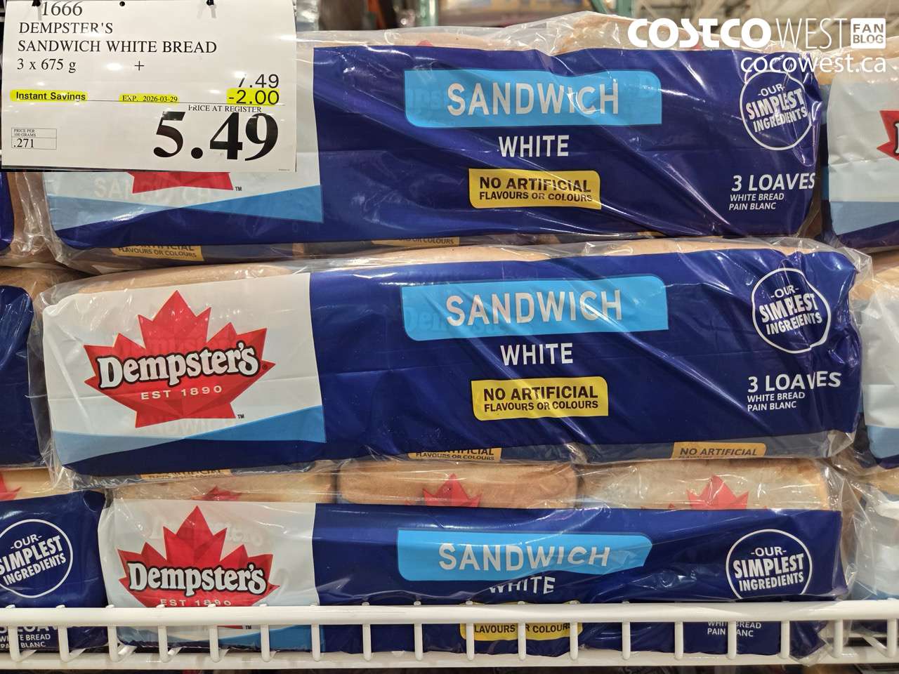DEMPSTER’S SANDWICH WHITE BREAD 3 X 675G