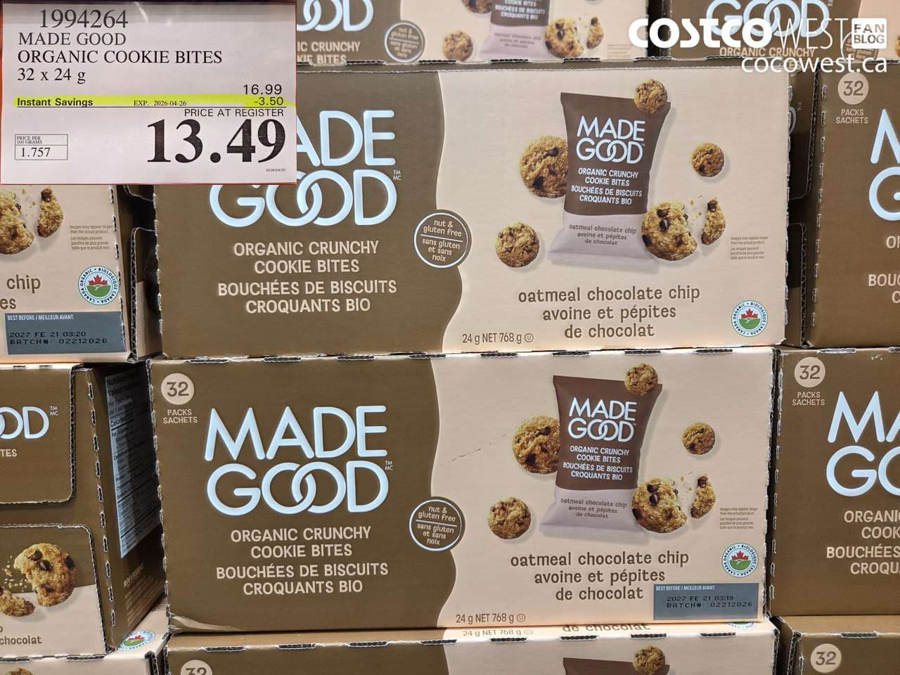 MADE GOOD ORGANIC COOKIE BITES 32 X 24 G