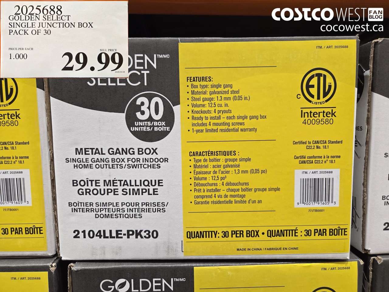GOLDEN SELECT SINGLE JUNCTION BOX PACK OF 30