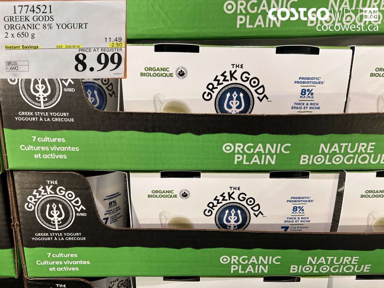 GREEK GODS ORGANIC 8% YOGURT 2 X 650 G