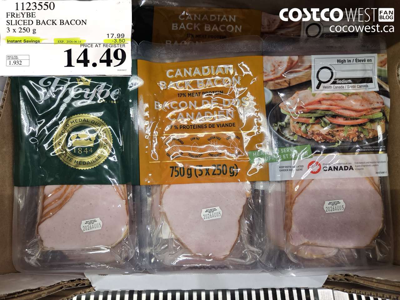 freybe sliced back bacon 3 x 250 g