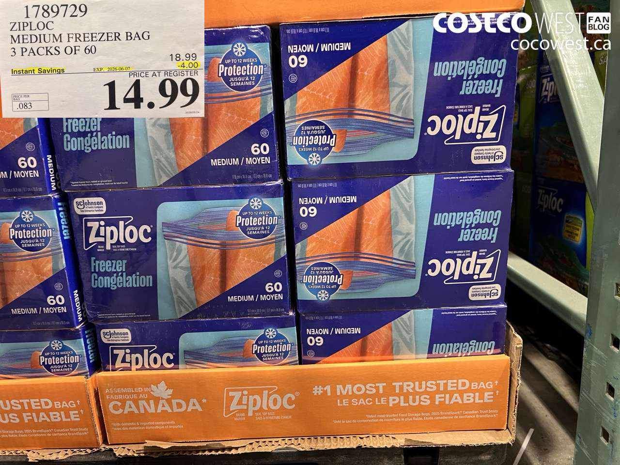 ZIPLOC MEDIUM FREEZER BAG 3 PACKS OF 60