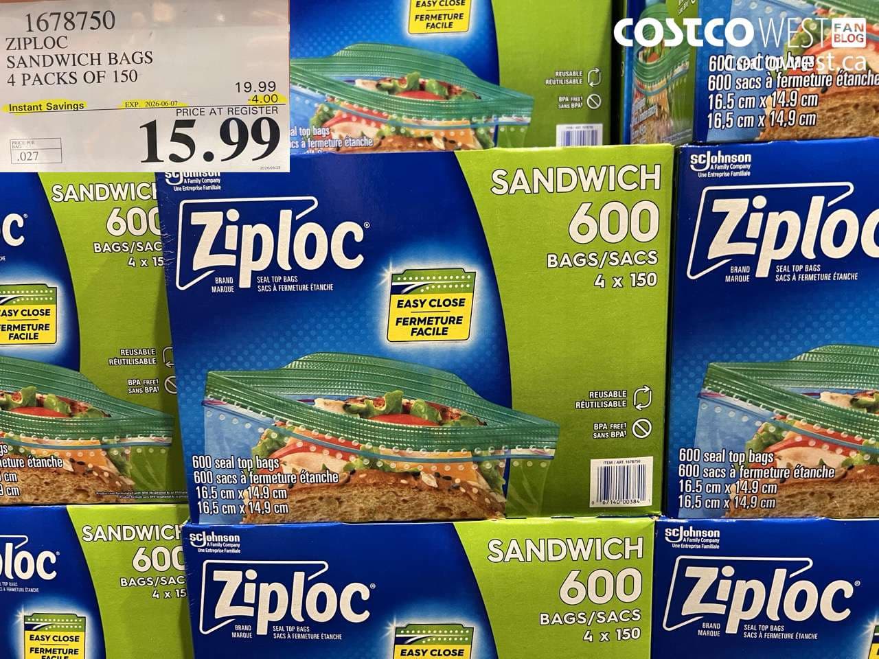 ZIPLOC SANDWICH BAGS 4 PACKS OF 150