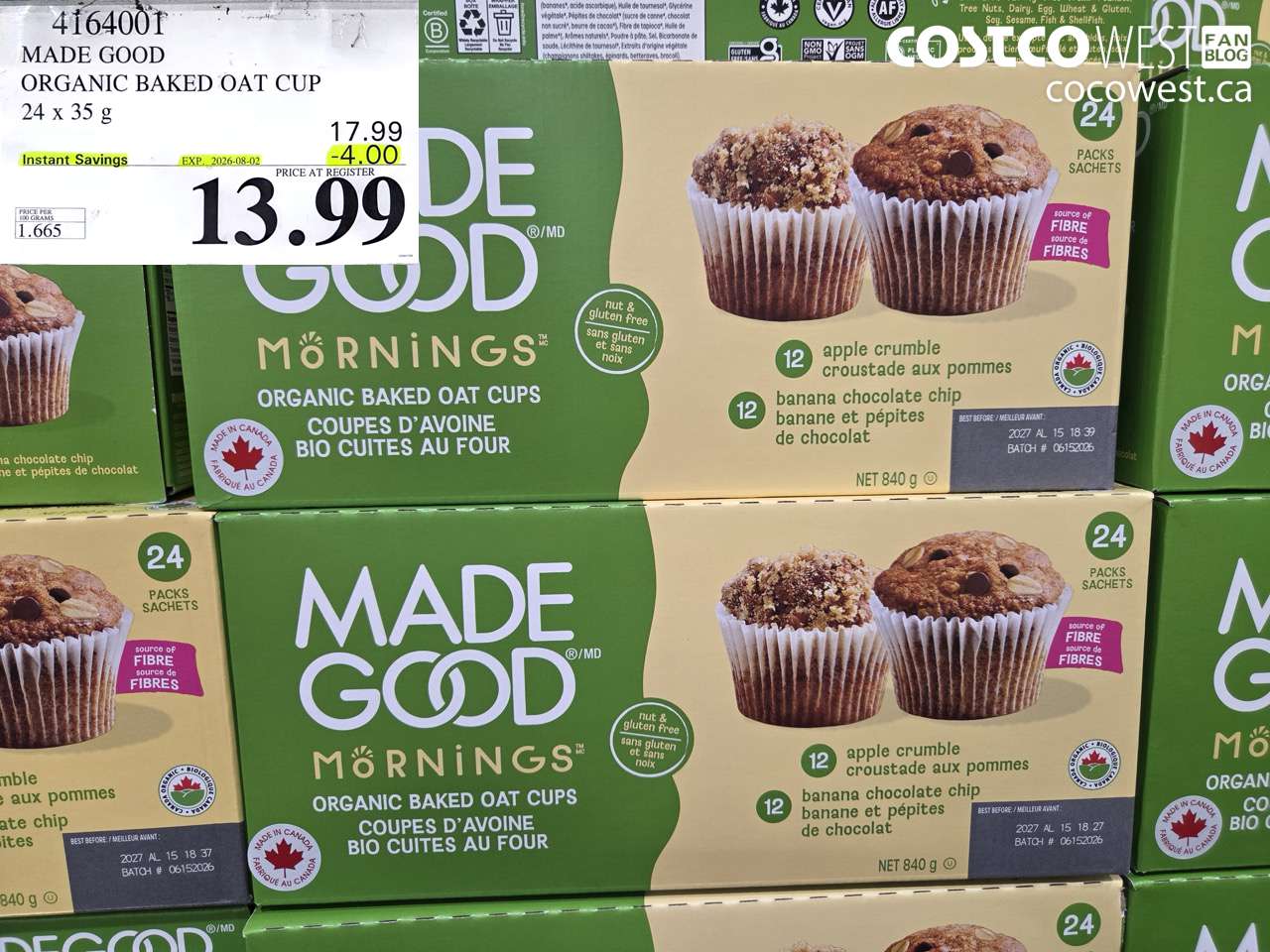 MADE GOOD ORGANIC BAKED OAT CUP 24 X 35 G