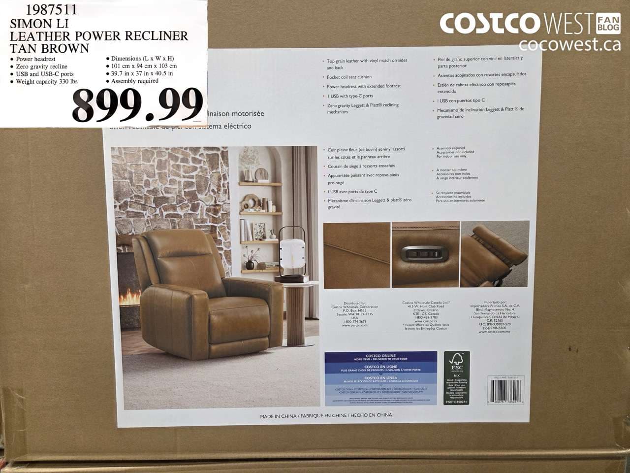 SIMON LI LEATHER POWER RECLINER TAN BROWN