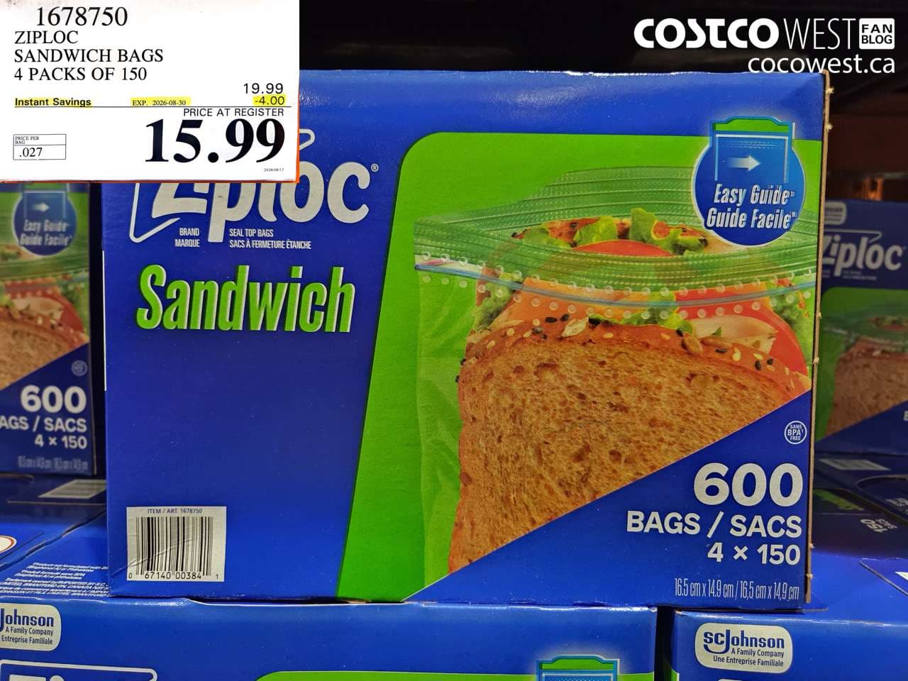 ZIPLOC SANDWICH BAGS 4 PACKS OF 150