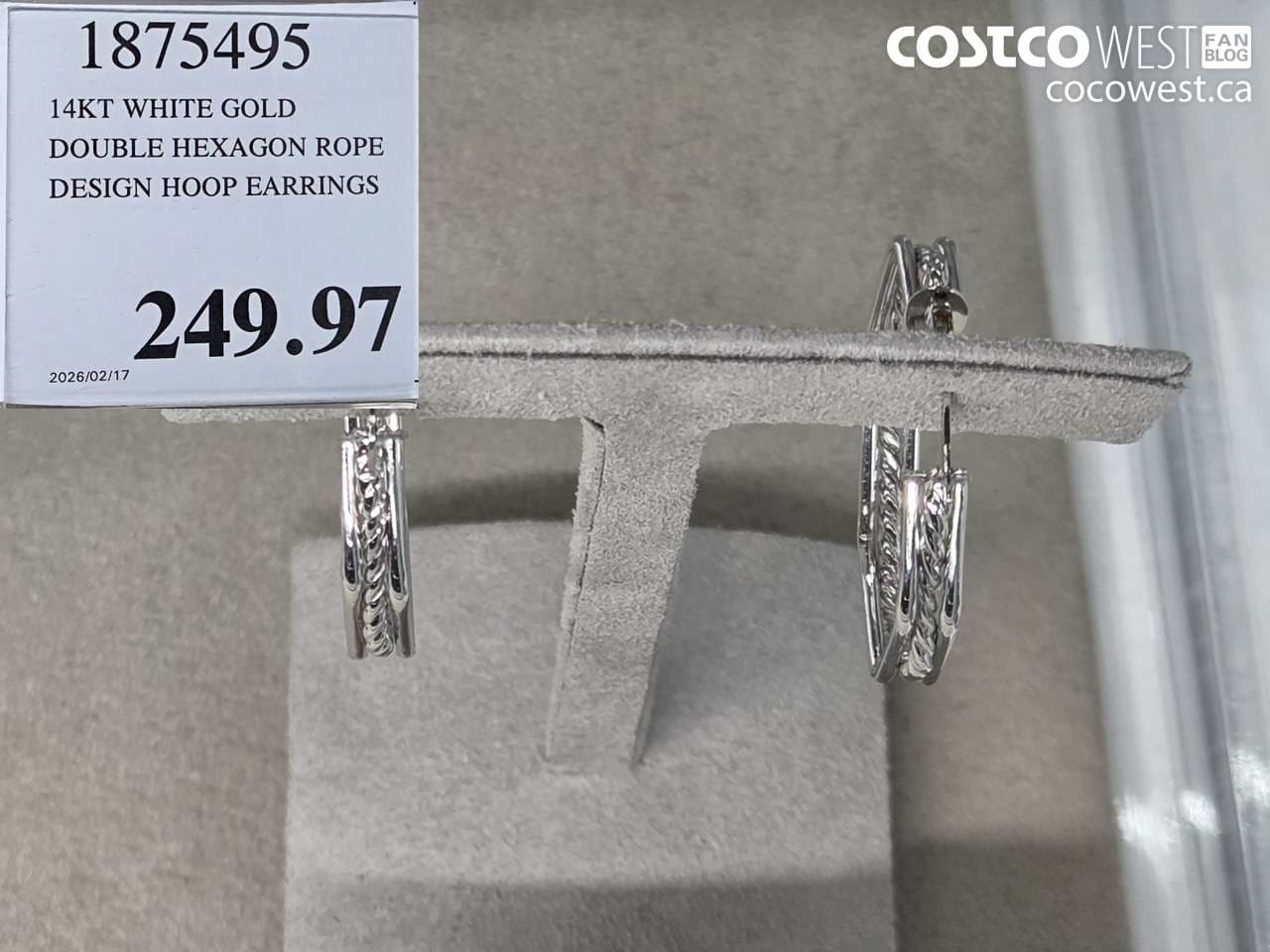 14kt white gold double hexagon rope design hoop earrings