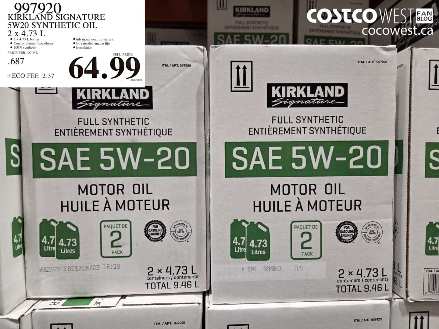 kirkland signature 5w20 synthetic oil 2 x 473 l